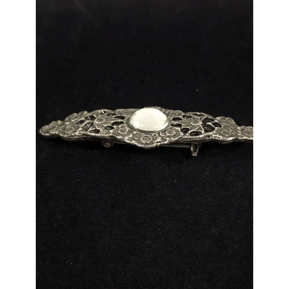 Vintage Victorian Style Floral Bar Brooch Clear Glass Cabochon Pin‎ Silver Tone